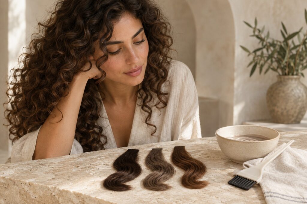 דוגמנית מתולתלת לצד דוגמאות גוון חום — תמונת המחשה